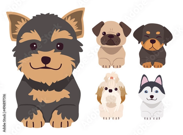 Obraz A row of the tops of heads of dogs with paws up, peeking over. Illustration of kawaii dog and pet in flat vector style.