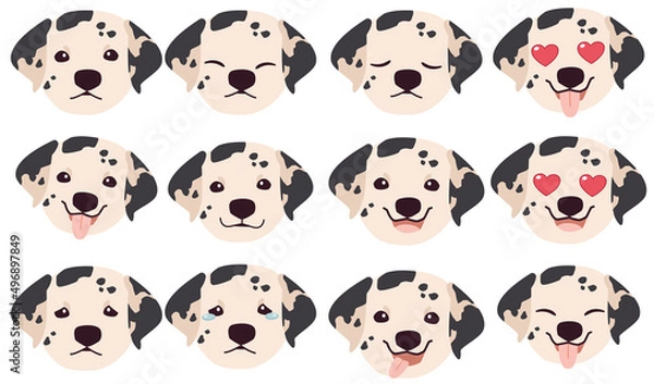 Obraz Set of Dalmatian dog emotions. Funny Smiling and angry, sad and delight dog. Face of dog cartoon emoji. Illustration about kawaii animal and pet in flat vector style.
