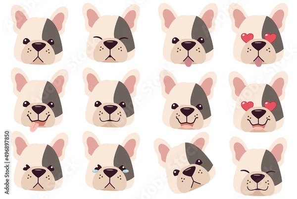 Obraz Set of french bull dog emotions. Funny Smiling and angry, sad and delight dog. Face of dog cartoon emoji. Illustration about kawaii animal and pet in flat vector style.
