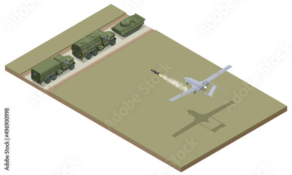 Fototapeta Isometric Unmanned combat aerial vehicle. Medium-altitude long-endurance MALE unmanned combat aerial vehicle UCAV capable of remotely controlled or autonomous flight operations.