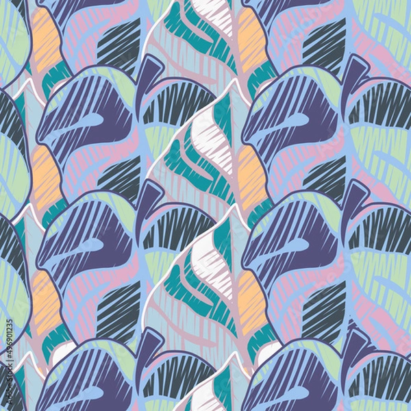 Fototapeta Scribble monstera leaves tropical seamless pattern. Embroidery palm leaf endless wallpaper.