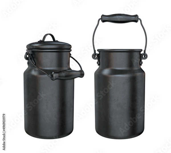 Fototapeta Set of black milk cans on a white background, 3d render