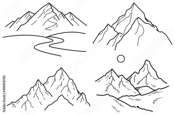 Fototapeta Set of 4 mountain range hiking landscape vector line art svg outline