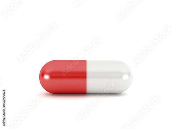 Obraz Red pill capsule isolated on white background, 3d rendering