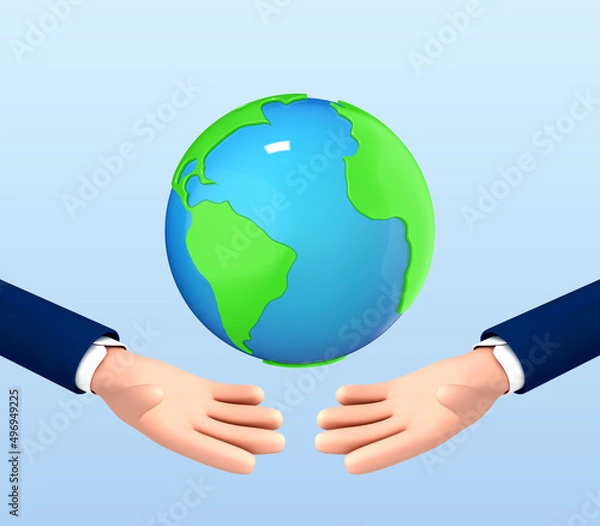 Fototapeta Sustain earth concept. Human hands holding globe isolated on blue background. Green Planet in Your Hands. Save Earth. 3d vector object.