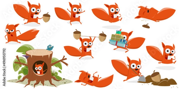 Fototapeta funny set of a cartoon squirrel in various situations