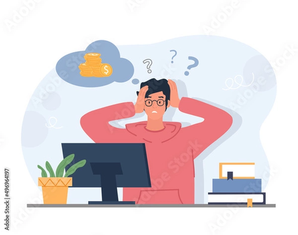 Fototapeta Financial problem concept. Man in front of computer holds his head. Difficulties with money and poverty. Employee worries about dismissal, crisis and drop in income. Cartoon flat vector illustration