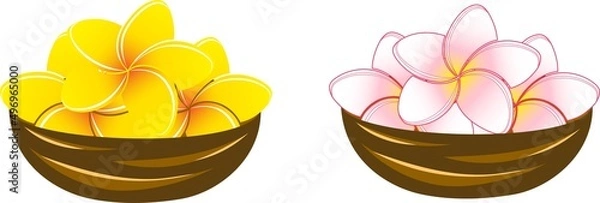 Fototapeta 木の器の中に飾りつけたプルメリアの花のイラスト