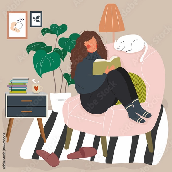 Fototapeta A girl dressed in a warm sweater sits on a chair with a cat and reads a book. The girl is resting at home and drinking coffee. Character illustration. Daily life of a young woman in a cozy interior