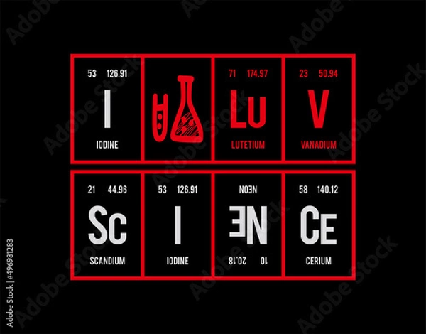 Obraz I Love Science - Periodic Table of Elements on black background in vector illustration.