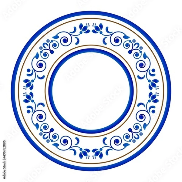Obraz Round ornament. Porcelain frame. Folk print. Decorative floral art border element Russian and Chinese style. Blue and white template for design, ceramic, plate, pottery, Chinaware, boutiques, vector