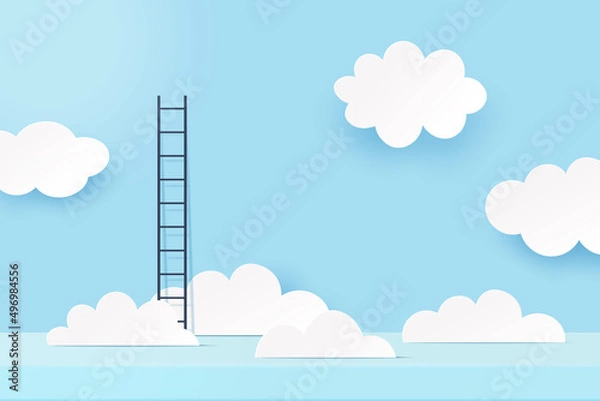 Fototapeta 3d Paper cut abstract minimal scene geometric shape template background.Ladder and cloud on blue sky background.Vector illustration.