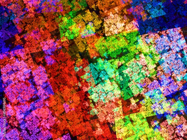 Fototapeta Imagen de arte fractal digital compuesta de formas irregulares en colores difuminados en un conjunto que parece ser un territorio invadido por energía arcoiris.