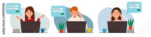 Obraz A set of concepts of people thinking on a laptop. Forgot your password and login for the account on the web page. Flat vector illustration.