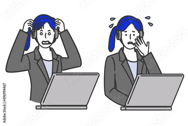 Obraz インカムマイクをつけた女性テレフォンオペレーターの上半身のイラスト表情セット