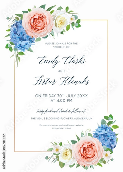 Fototapeta Floral wedding invite, marriage invitation card. Editable, watercolor style vector template design. Elegant blue hydrangea, peach, yellow rose flowers, eucalyptus greenery leaves bouquets illustration