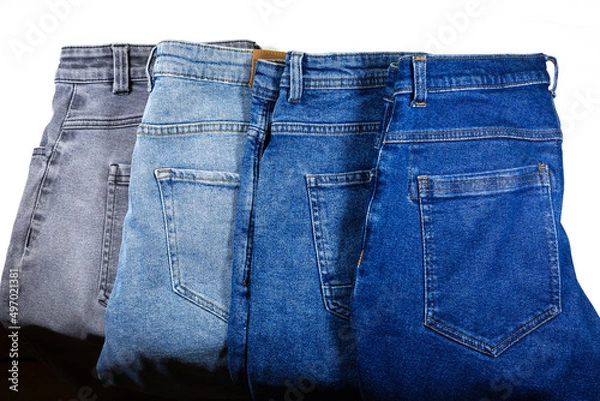 Obraz Different colours of Old vintage Gray and Blue hipster jeans. Denim Cloth texture background. Natural fabrics textile.