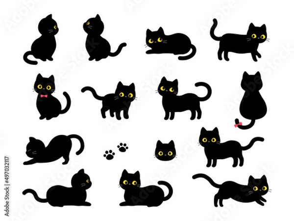 Obraz かわいい黒猫のイラストセット