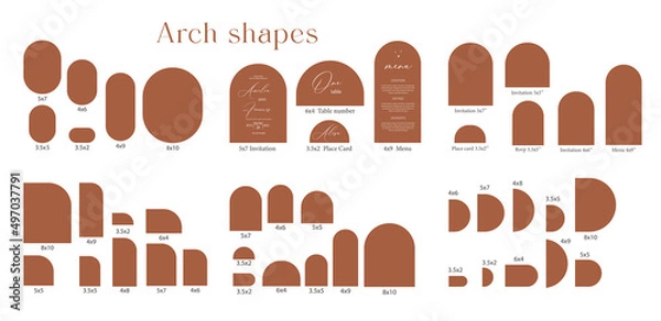 Fototapeta Arch Shape set template, Arch Wedding invitations, laser cut invitation, menu, place card.