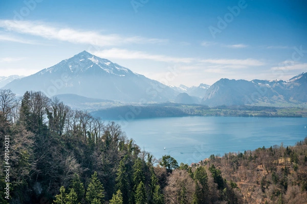 Fototapeta view from Sigriswiler Panorama Bridge on Lake Thun and Niesen