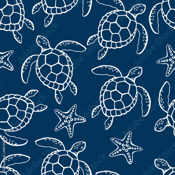 Fototapeta Seamless pattern with sea turtle. Sea or ocean underwater life background