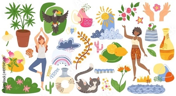 Fototapeta Abstract trendy doodles. Set of hand drawn cats, birds, women, plants, silhouettes, objects, vases, design elements. Set of flat cartoon vector illustrations isolated on white