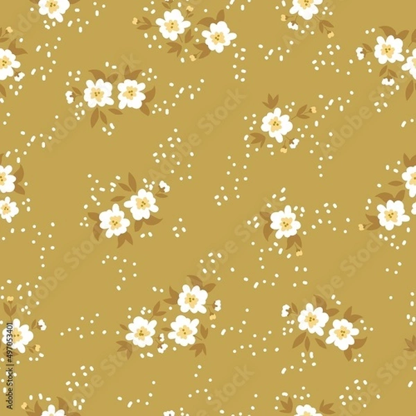 Fototapeta Seamless vintage pattern. White flowers and dots, mustard  leaves. mustard background. vector texture. fashionable print for textiles, wallpaper and packaging.