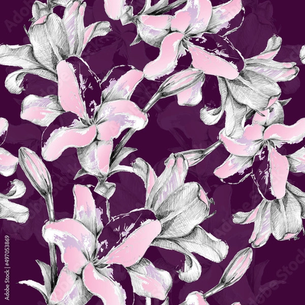 Fototapeta Seamless pattern graphic flowers lily on violet background.