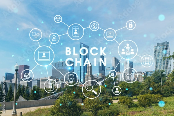Fototapeta Chicago skyline from Butler Field towards financial district skyscrapers, day time, Chicago, Illinois, USA. Parks and gardens. Decentralized economy. Blockchain and cryptography concept, hologram