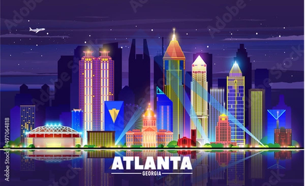 Obraz Atlanta (Georgia ) night city skyline sky background. Flat vector illustration. Business travel and tourism concept with modern buildings. Image for banner or web site.