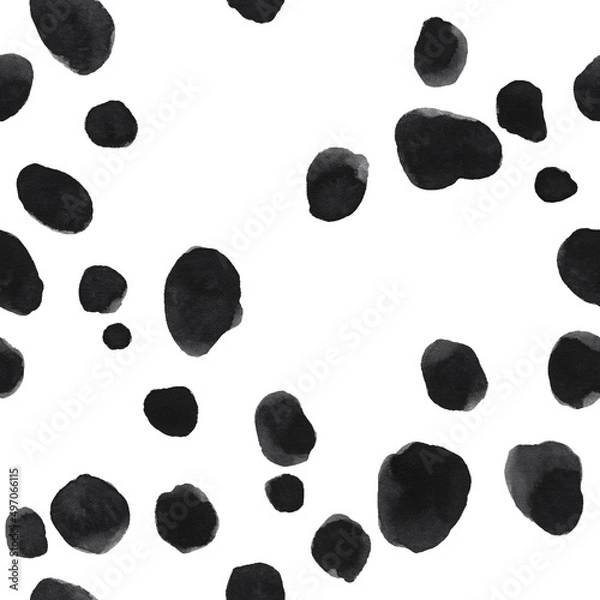 Obraz Seamless pattern of black and white Dalmatian skin with many random spots and realistic blank space around. Hand drawn watercolour sketchy painting for creative design, banner, poster, label, package.