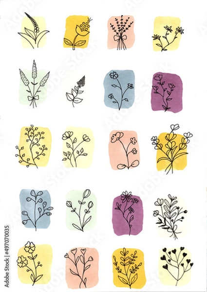 Obraz set of simple plants hand-drawn- fine-line with ink background