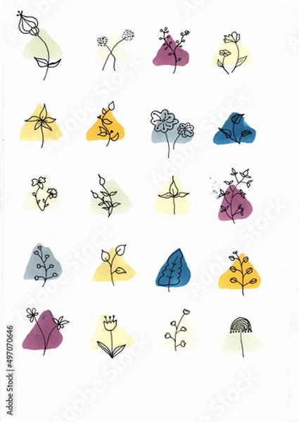 Obraz Set of small decorative hand-drawn plants on watercolour background