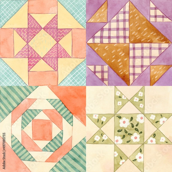 Obraz Quilt patterns  - hand painted watercolor seamless surface pattern.