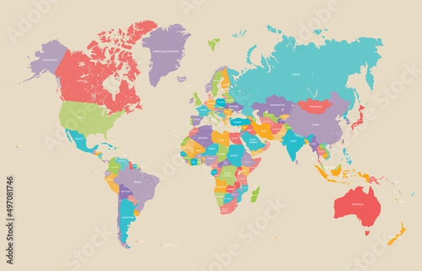 Fototapeta World political earth map in retro color palette, vector illustration.