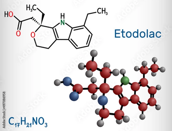 Fototapeta Etodolac molecule. It is nonsteroidal anti-inflammatory drug NSAID with analgesic and antipyretic properties. Structural chemical formula, molecule model