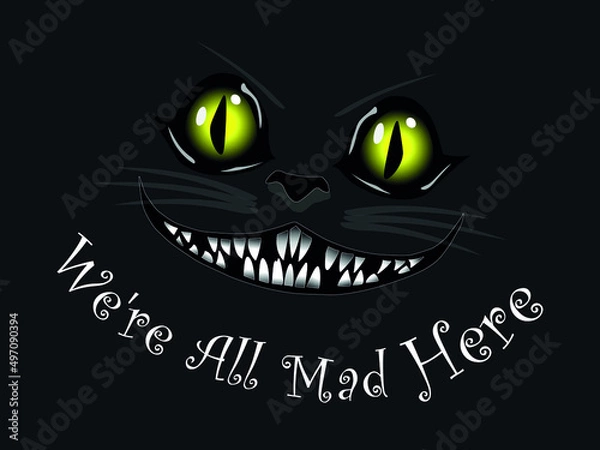 Fototapeta Cheshire cat smile vector illustration with quote on dark background