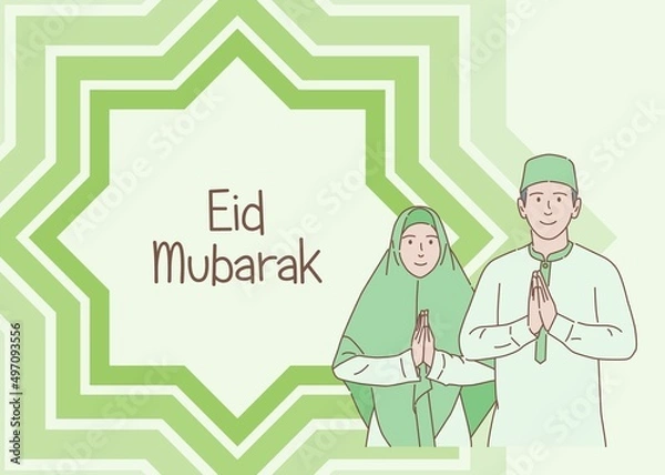 Fototapeta Eid Mubarak Muslim men and women greeting side by side with copy space, hand drawn style with thin outlines, flat illustration
