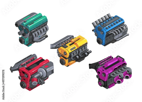 Fototapeta Car engine in isometry. Set of engines of different levels on white background. Detailed 3d engine in cartoon style. Tuned engine. EPS 10 vector illustration