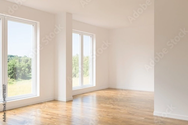 Fototapeta White empty room with summer landscape in window. Scandinavian interior design. 3D illustration