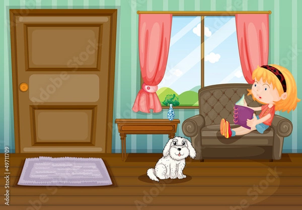 Fototapeta A girl reading a book with a dog