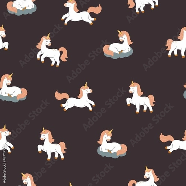 Obraz Cute dreaming unicorns seamless pattern. Vector background with magic ponies. Scandinavian boho style, nursery illustration.