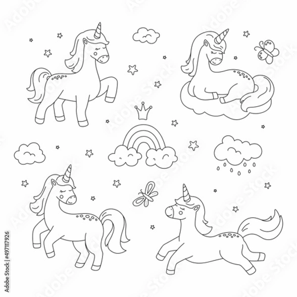 Obraz Cute dreaming unicorn set. Black outline. Vector characters with clouds, stars, rainbow. Coloring page, line art