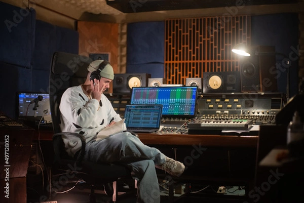 Fototapeta Concentrated young man listening to music sample in headphones. Sound engineer or music producer working at mixing console panel in sound recording studio. Creating music concept