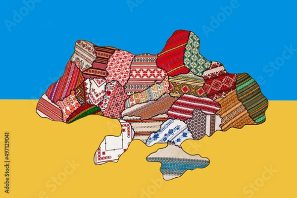 Obraz Stop war in Ukraine. Map of Ukraine with regions represented by their ethnic embroideries on the background of the state flag.