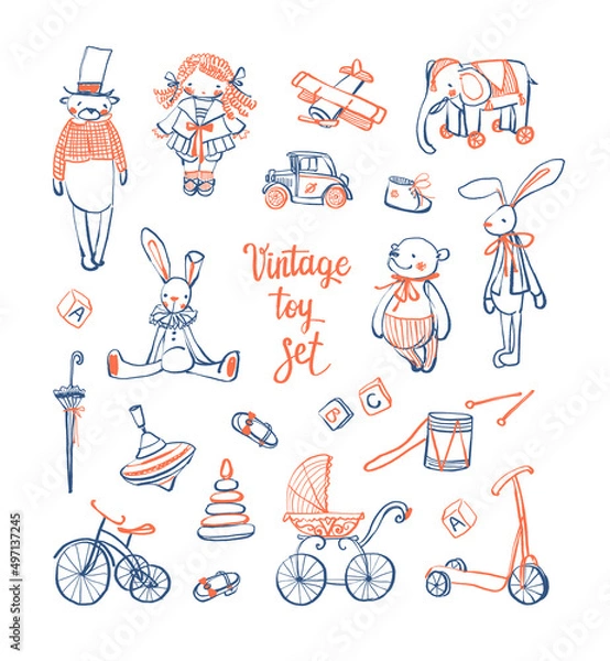Fototapeta A set of hand-drawn vintage toys on a white background. Doll, teddy bear, rabbit, elephant, car, airplane, pyramid, whirligig, stroller, scooter, bicycle. Cute baby style. Stock vector illustration.