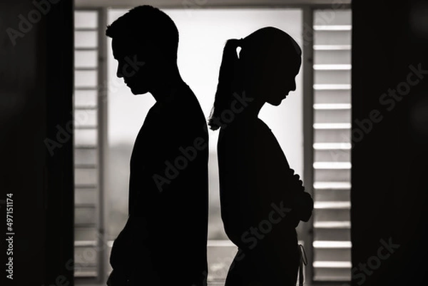 Fototapeta Couple fighting. People relationship problems, divorce, not getting along concepts