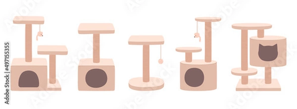 Fototapeta Cat towers and scratching posts. Luxury animal houses beige color. Cat tree with home. Furniture set for kittens. Flat vector illustrations isolated on white background.