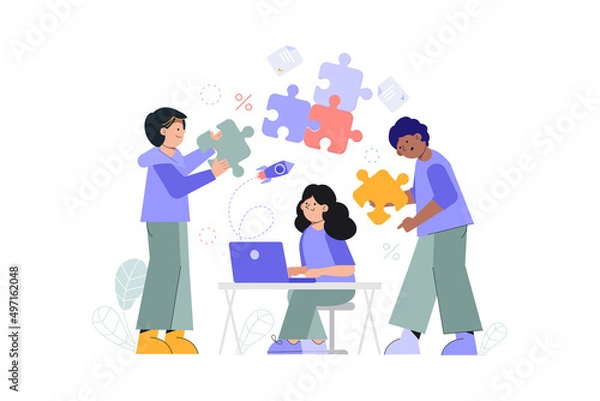 Obraz Team brainstorming, idea management. Conceptual template with group of people preparing Startup project. Development team, teamwork. Modern flat vector illustration