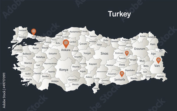 Fototapeta Turkey map, Infographics flat design colors snow white, with names of individual regions vector